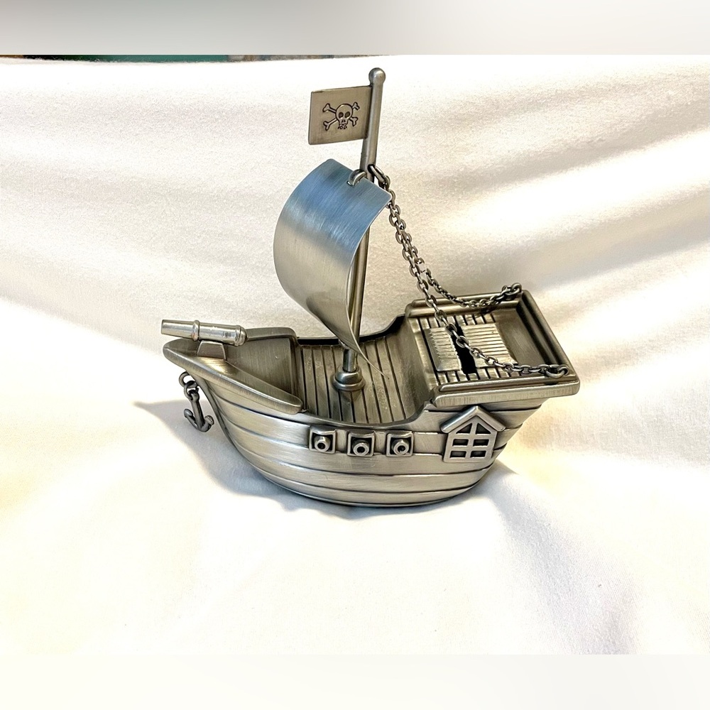 *EUC***VINTAGE* SHERIDAN Brushed Pewter Pirate Ship Coin Bank w/Stopper - MCM